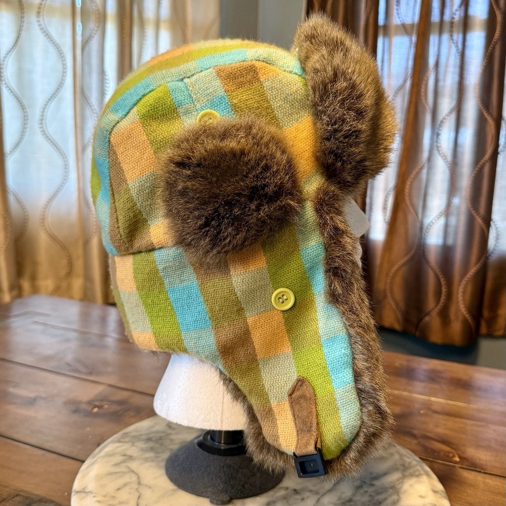 Manhattan Hat Company Trapper Bomber Cap Faux Fur Earflaps Winter Aviator Plaid